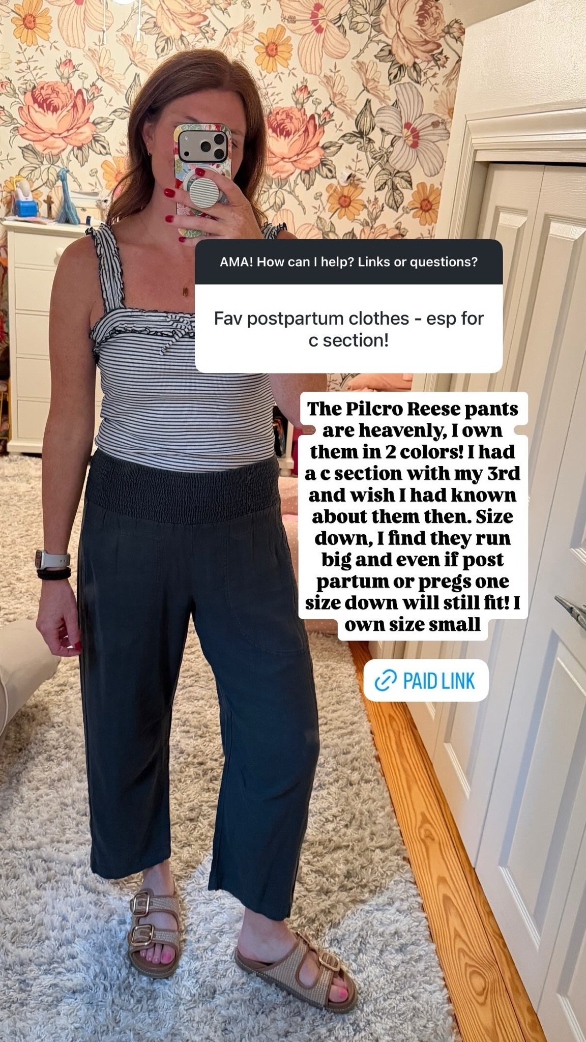 The Pilero Reese pants are heavenly, I own them in 2 colors! I had a c section with my 3rd and wish I had known about them then. Size down, I find they run big and even if post partum or pregs one size down will still fit! I own size small