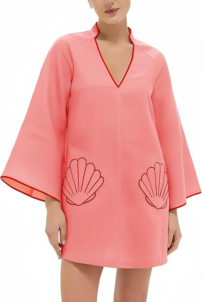 VAOYIU Women's Loose Fit V-Neck Shell Embroidery Mini Dress Casual 3/4 Sleeves Babydoll Skirts Su... | Amazon (US)