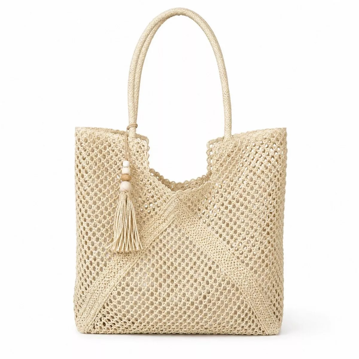 Alilang Open Weave Beach Tote Bag with Zip Closure Rope Handles and Tassel Accent, Beige | Target
