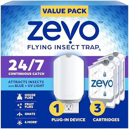 Zevo Flying Insect Trap & 3 Cartridges - Plug in Fly Trap & Indoor Bug Catcher for Gnats, House & Fruit Flies - Mess-Free - Use in Any Room - Uses Blue & UV Light (1 Plug in Device & 3 Cartridges) | Amazon (US)