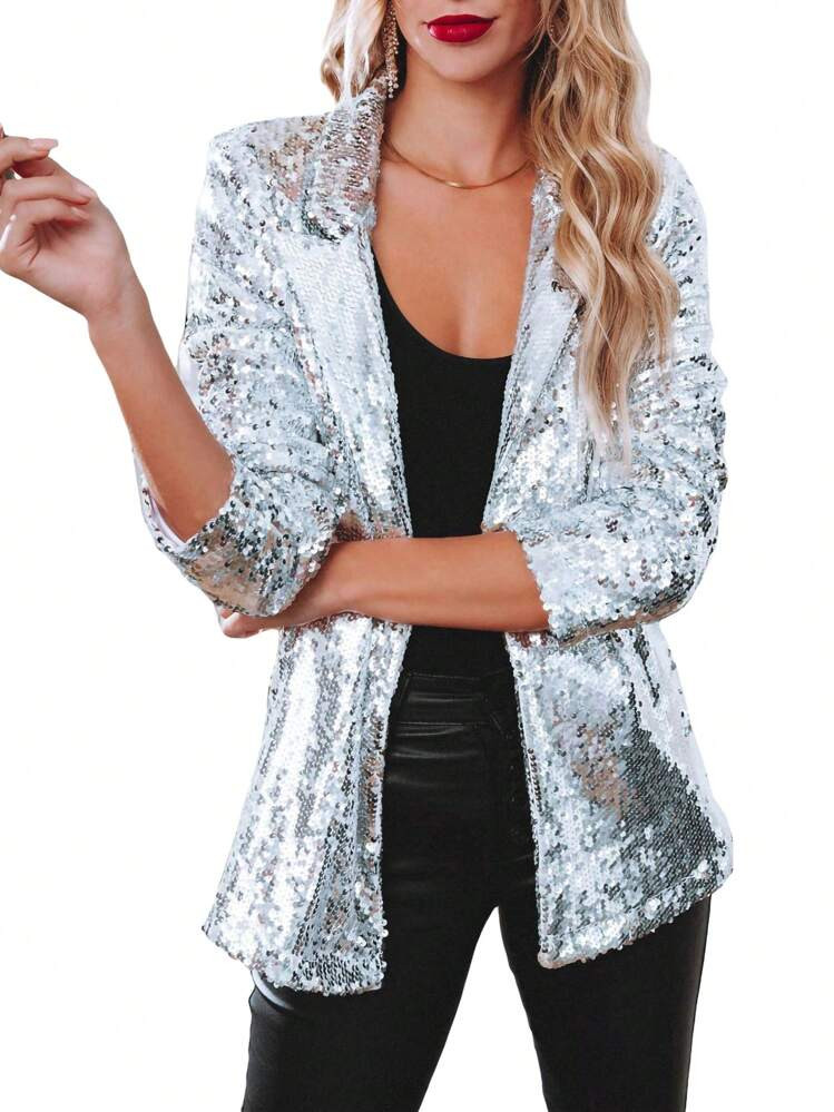 Womenacute;S Casual Blazer Solid Color Fashion Sequins Long Sleeves Lapel Jacket Female Gift | SHEIN