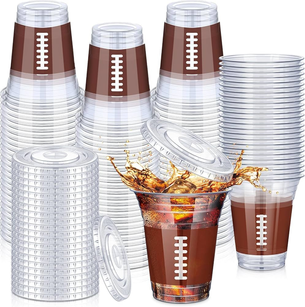 Domensi 50 Sets 16 oz Football Plastic Cups with Dome Lids Football Clear Iced Coffee Cups Drinki... | Amazon (US)