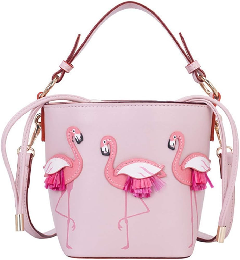 Small Flamingo Drawstring Bucket Shoulder Bag Barrel Shaped Tote Handbag for Womens Girls (Pink) | Amazon (US)