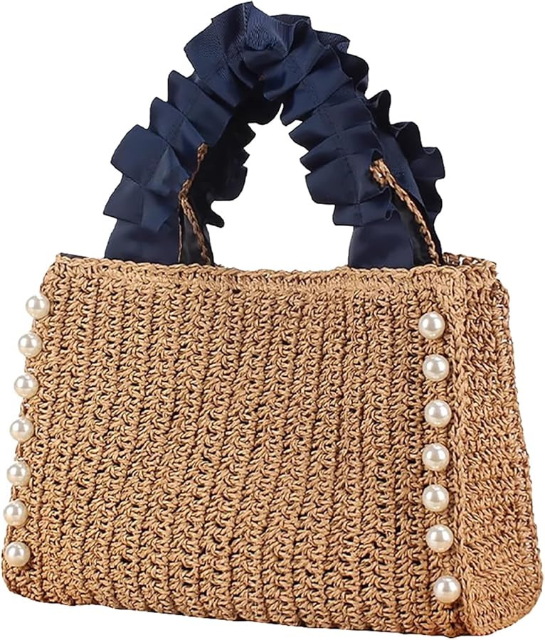 Straw Tote Bag for Women Pearls Woven Handbags Summer Travel beach bags Fashion Purse | Amazon (US)