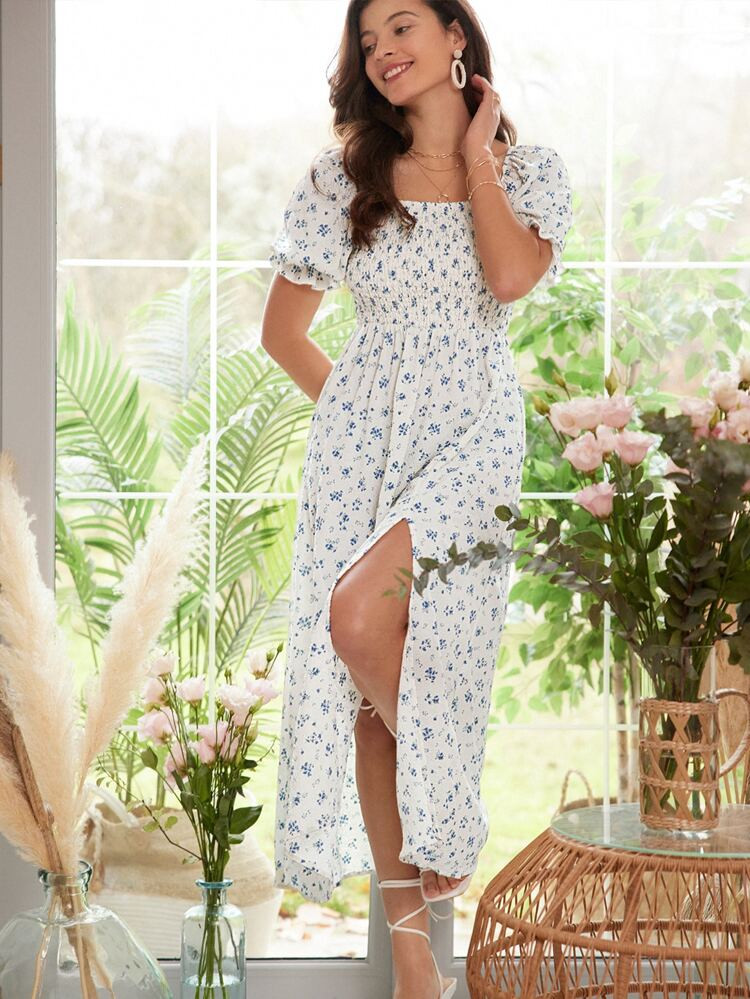 SHEIN Frenchy Ditsy Floral Print Puff Sleeve Split Thigh Dress
       
              
           ... | SHEIN