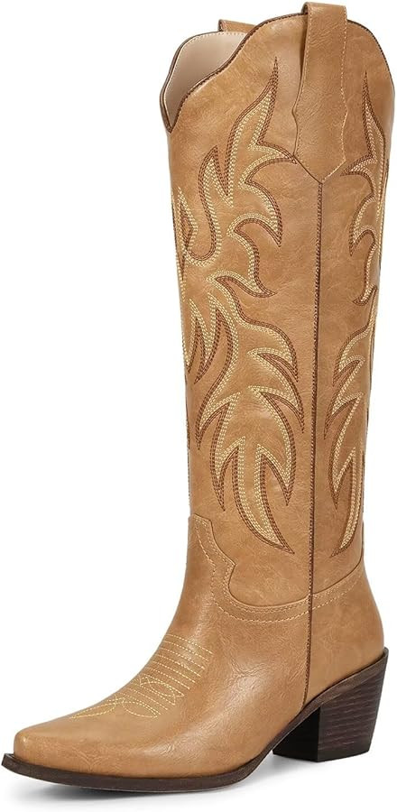 wetkiss Cowboy Boots for Women Knee High Cowgirl Boots with Chunky Low Heel and Pointed Toe, Wome... | Amazon (US)