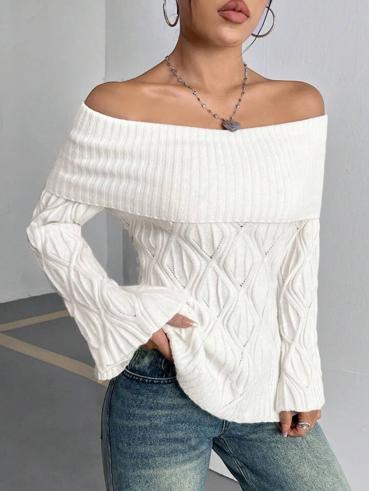 Jacquard Sweater With Off Shoulder | SHEIN