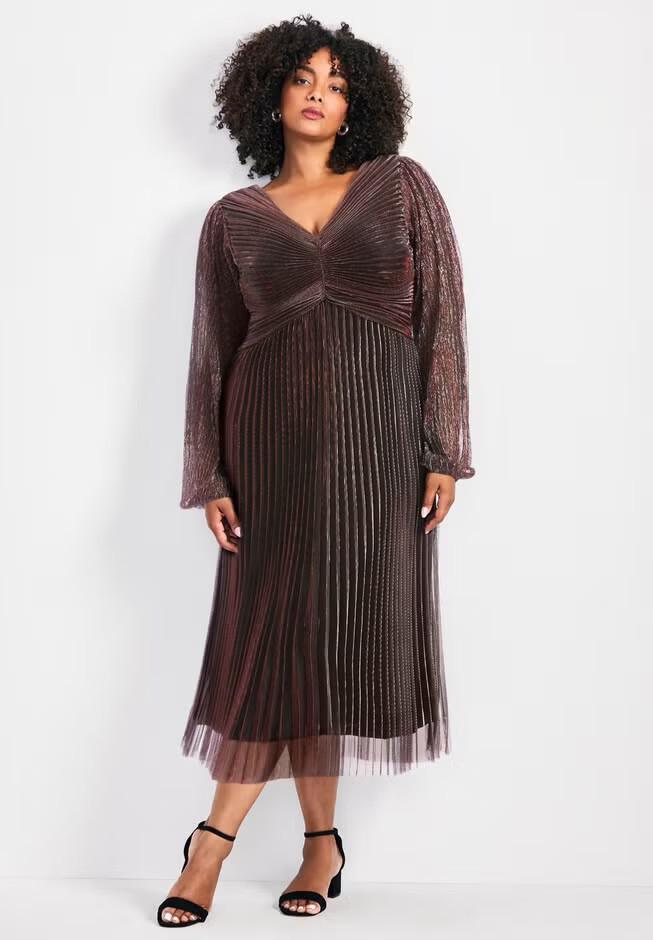 Pleated Plisse Blouson Sleeve Dress | Avenue