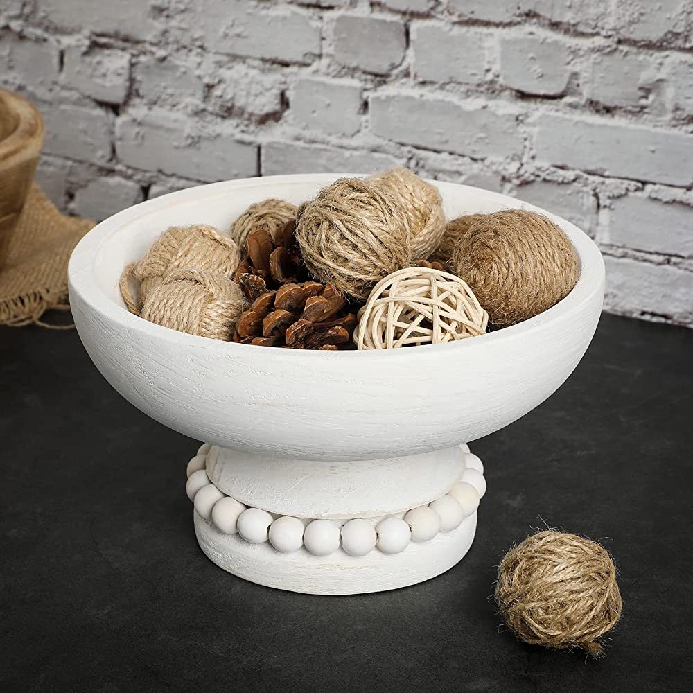 Amyhill Distressed Beaded Wood Pedestal Bowl Decorative Wooden Beaded Bowl White Wood Pedestal Bo... | Amazon (US)