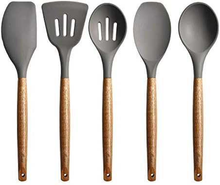 Miusco Non-Stick Silicone Cooking Utensils Set with Natural Acacia Hard Wood Handle, 5 Piece, Gre... | Amazon (US)