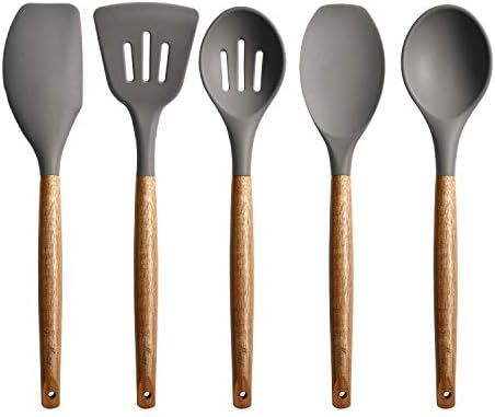 Miusco Non-Stick Silicone Cooking Utensils Set with Natural Acacia Hard Wood Handle, 5 Piece, Gre... | Amazon (US)