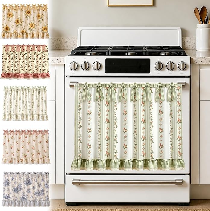 Farmhouse Oven Skirt, Green Handmade Oven Curtain for Stove, Vintage Oven Skirt Curtain for Farmhouse Cottage Dishwasher Kitchen Decor, with Ruffles and Ribbon Ties (Green A) | Amazon (US)