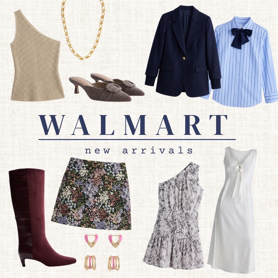 walmart's new arrivals have such a good fall lineup — a one-shoulder knit tank, a chunky gold chain necklace, tweed kitten heel mules, a navy blazer, a bow-tie striped blouse, burgundy knee-high boots, a floral mini skirt, statement heart and gold earrings, a snake print peplum top, and this white bow-front slip dress

linking everything below

#LTKootd #LTKSeasonal #LTKgrwm
