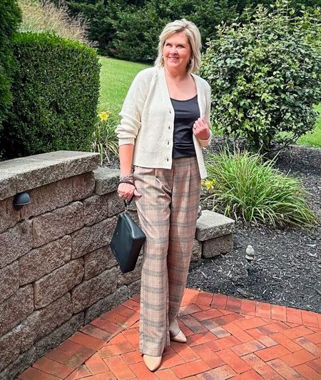 Old Navy New Arrivals | Shaker Stitch Cardigan is a Medium | Plaid Trousers are a Large | Black Cami is an XL 

#LTKstyletip #LTKworkwear #LTKover40