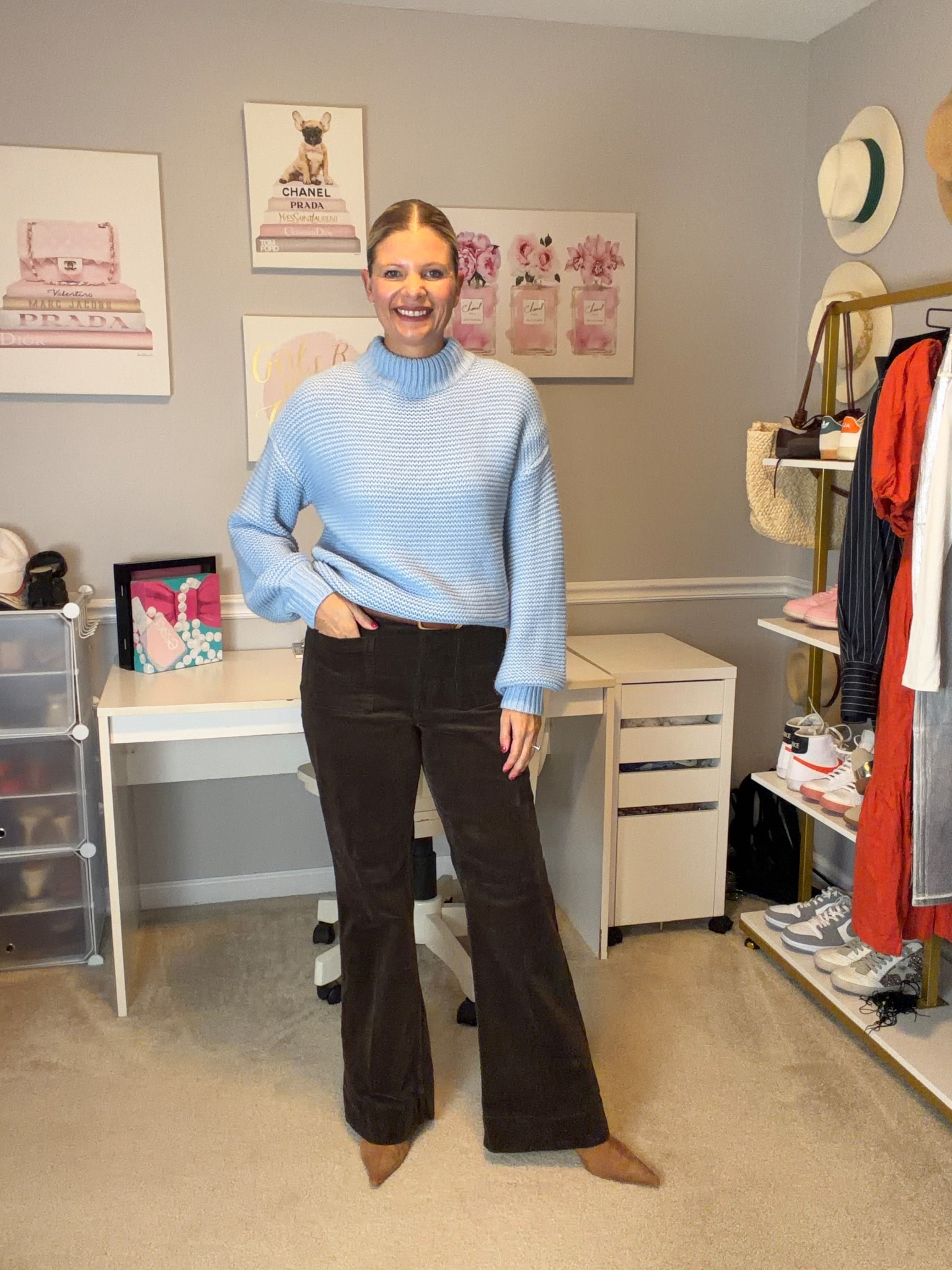 Dark brown flare corduroy pants TTS (go up if in between)
Light blue mock neck sweater TTSS

#LTKdayinmylife #LTKWorkwear #LTKStyleTip