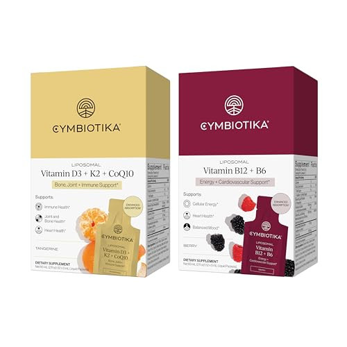 CYMBIOTIKA Liposomal Vitamin B12 + B6 & Vitamin D3 + K2 + CoQ10, Cellular Energy, Joint + Bone, Brain + Heart Health, Nerve Function, Immune Support, High Absorption, 2 x 12 5 mL Liquid Supplements | Amazon (US)
