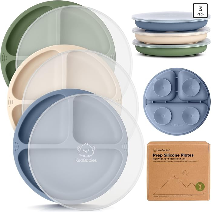 KeaBabies Suction Plates with Lids for Baby - 3-Pack 100% Silicone Toddler Plates with Suction, D... | Amazon (US)