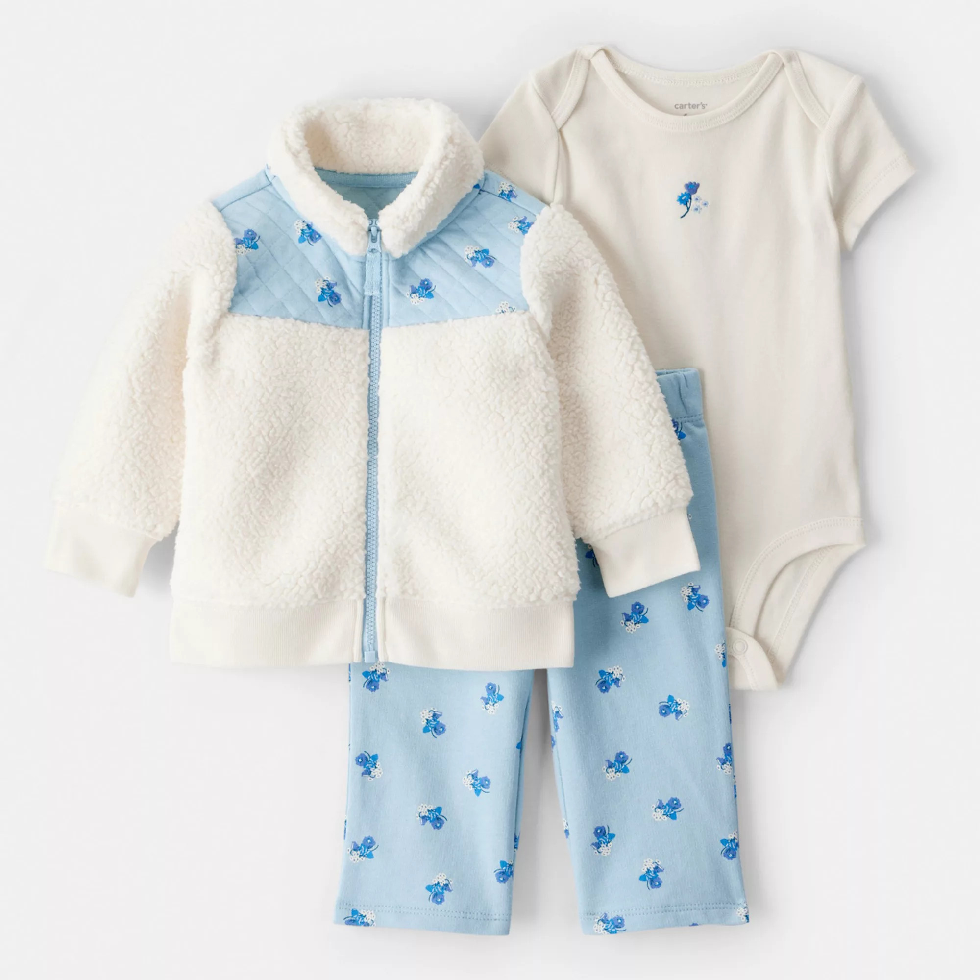 Baby Girl Carter's 3-pc. Floral Fleece Jacket, Bodysuit & Pant Set | Kohl's