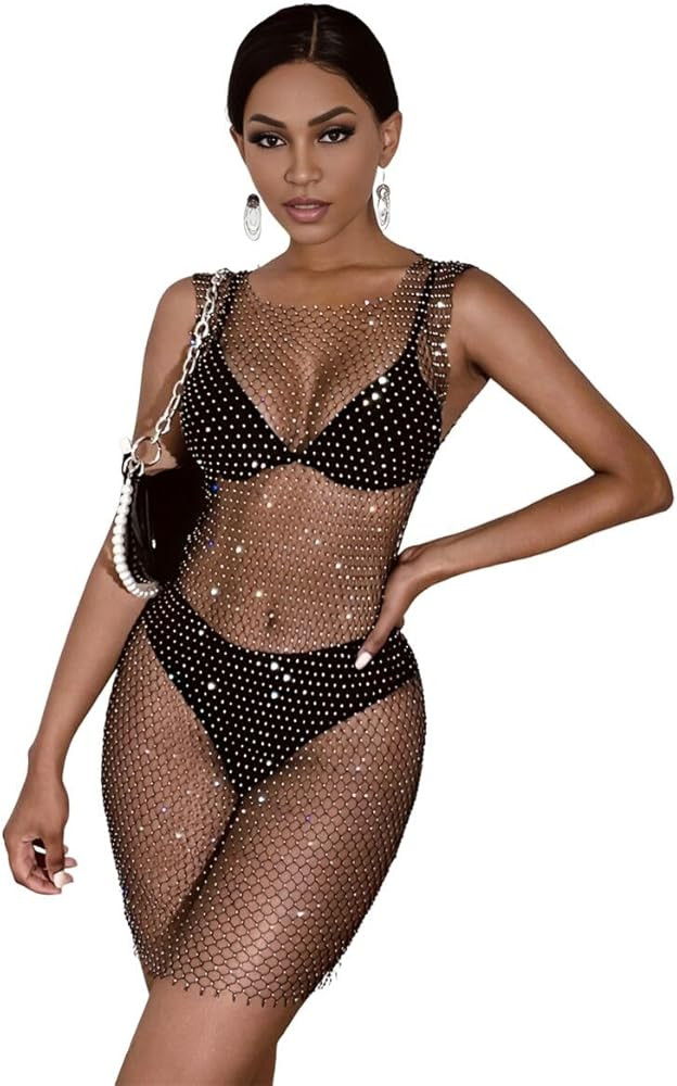 XGOPTS Women Rhinestone Lingerie Fishnet Dress Sexy Mesh Body Chain Bodycon Club Dress See Trough... | Amazon (US)