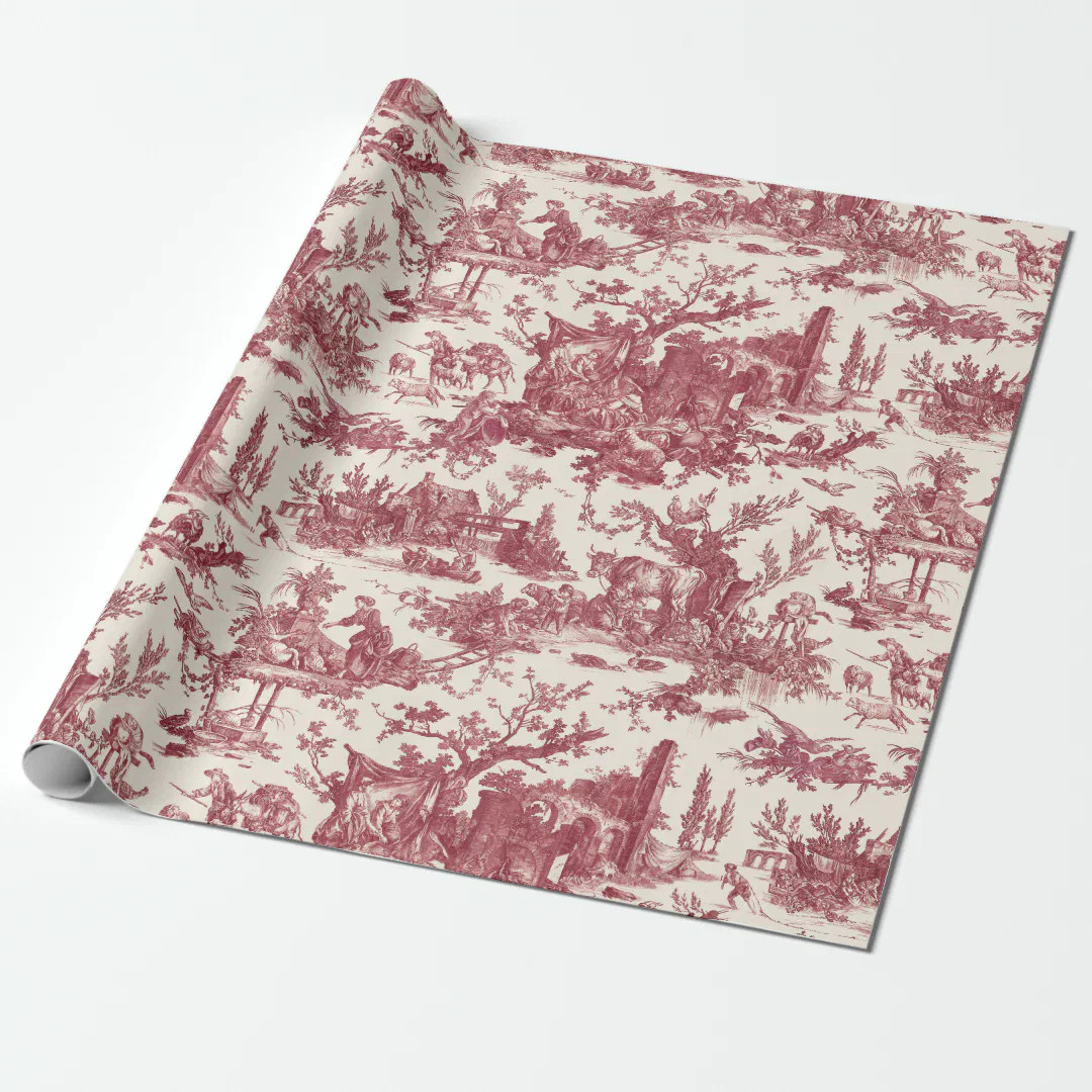 Vintage Rustic Farm French Toile-Red & Tan Wrapping Paper | Zazzle | Zazzle