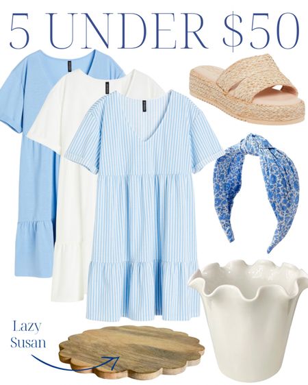 Tiered jersey dress, blue and white striped dress, light blue dress, white dress, spring dress, knot Liberty headband, blue and white floral headband, rattan woven platform sandals, wavy scalloped white vase planter, scalloped wood lazy Susan, spring decor, spring table, spring outfit, spring style, preppy outfit, affordable style, classic style, Easter outfit, Easter style, home decor, classic home, grandmillennial home, grandmillennial decor, grandmillennial style

#LTKstyletip #LTKunder50 #LTKhome