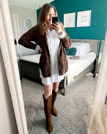 How to style a white button down dress from Amazon. I’m in a size XL and am typically a size 12 all items, except black boots are from Amazon. 

#LTKSeasonal #LTKcurves #LTKstyletip
