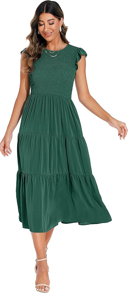 GRECERELLE Womens Summer Maxi Dress - Casual Midi Smocked Ruffle Sleeve Elastic Waist Crew Neck T... | Amazon (UK)