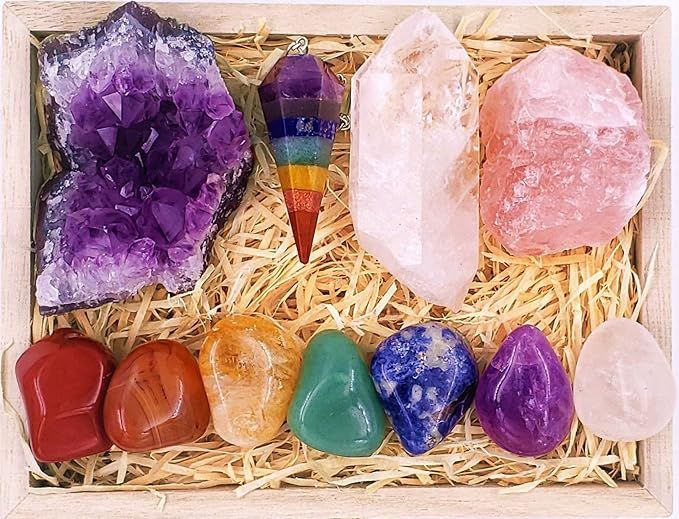 Premium Healing Crystals Kit in Wooden Box - 7 Chakra Set Tumbled Stones, Rose Quartz, Amethyst C... | Amazon (US)