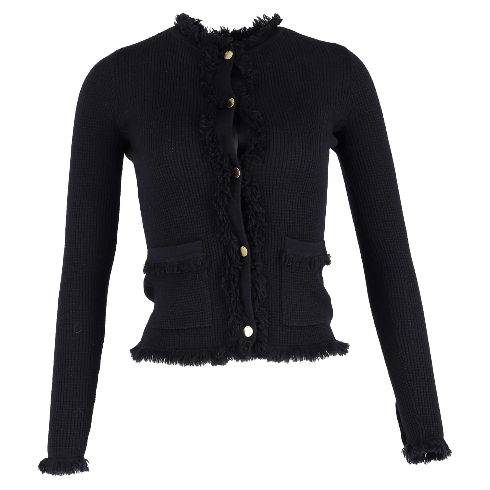 Michael Michael Kors Fringed Milano Knit Cardigan in Navy Blue Merino Wool | Shop Simon