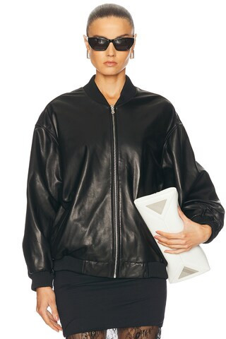 NOUR HAMMOUR Marly Leather Bomber Jacket in Black - Black. Size 40 (also in 34, 36, 38, 44). | FWRD 