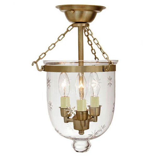 Small Rubbed Brass Three-Light Bell Semi-Flush with Star Glass | Bellacor