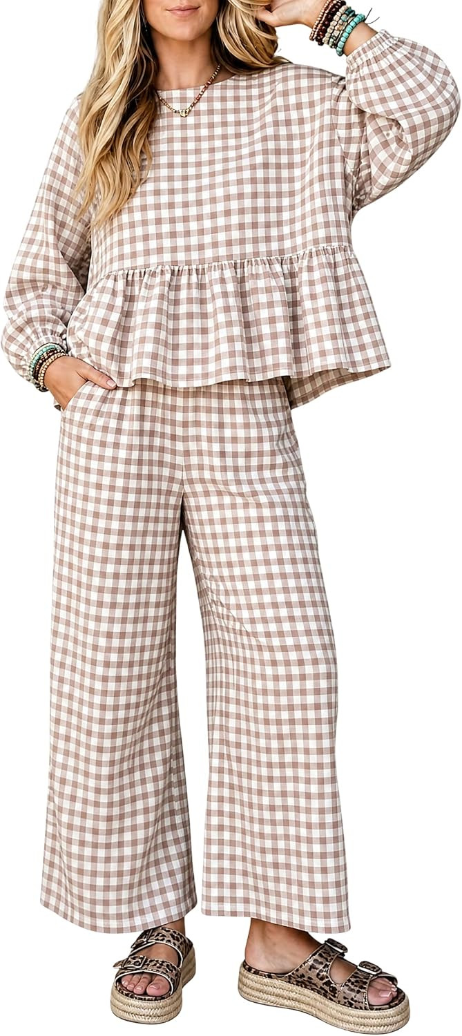 Tanming Womens 2 Piece Long Sleeve Gingham Dailywear Lounge Sets | Amazon (US)