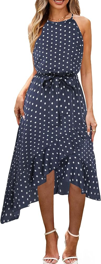 ECOWISH Polka Dot Women Summer Dresses Casual Midi A Line Ruffle High Low Sleeveless Boho Floral ... | Amazon (US)