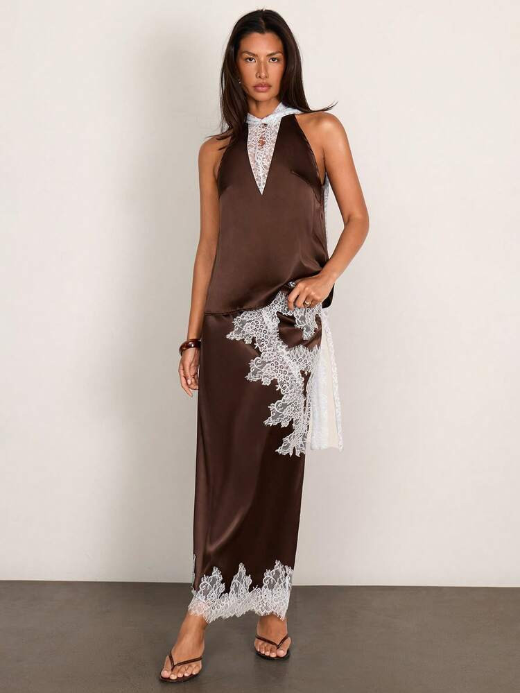 COSMINA Women's Elegant Lace Patchwork White And Brown 2-Piece Set,Summer V-Neck Sleeveless Chic Dress For Date Night,Commute,Office,Wedding Guest&Gala Dinner | SHEIN