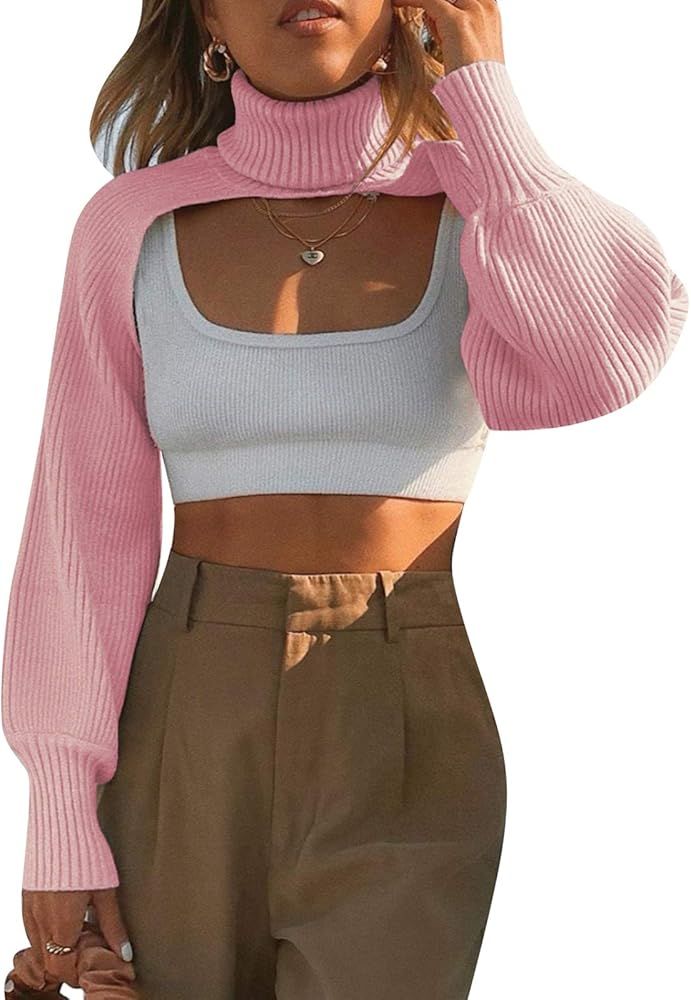 Women Long Sleeve Turtleneck Sweater Shrugs Long Puff Sleeve Pullover Knitted Cutout Crop Top | Amazon (US)
