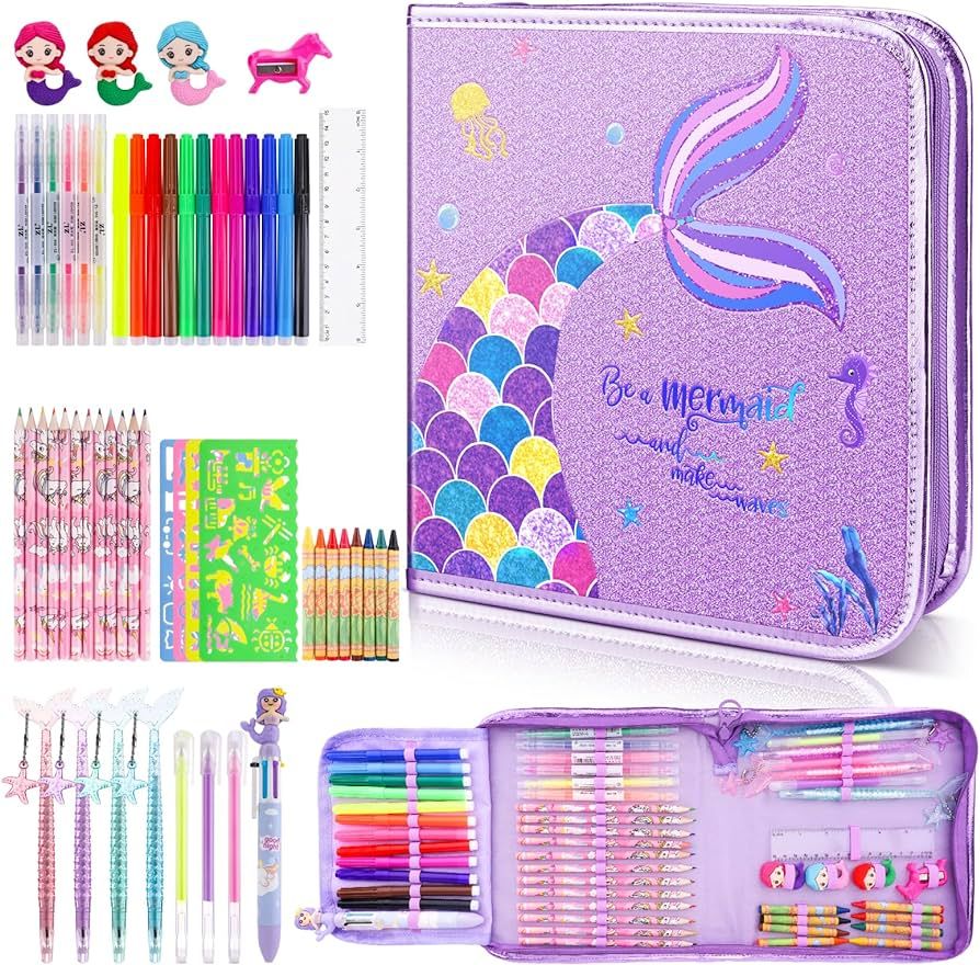 Mermaid Art Craft Kit for Kids, 56 Piece Set with Pencil Case, Markers, Crayons, Gel Pens, Eraser... | Amazon (US)