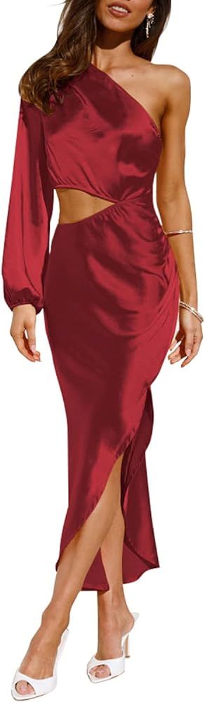 PRETTYGARDEN Women's Satin Midi Dress 2023 One Shoulder Long Sleeve Cutout Split Bodycon Cocktail... | Amazon (US)