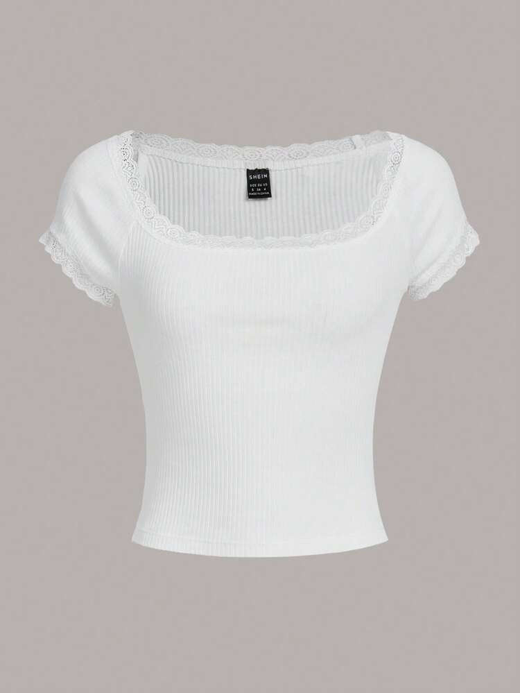 SHEIN Lace Trim Scoop Neck Tee | SHEIN