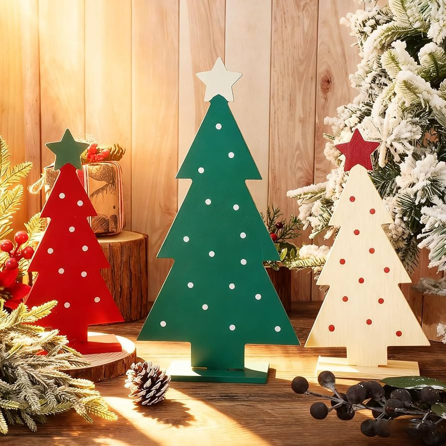 3 Pcs Christmas Wooden Signs 3 Sizes Xmas Tree Wood Tabletop Signs Red Green White Desktop Center... | Amazon (US)
