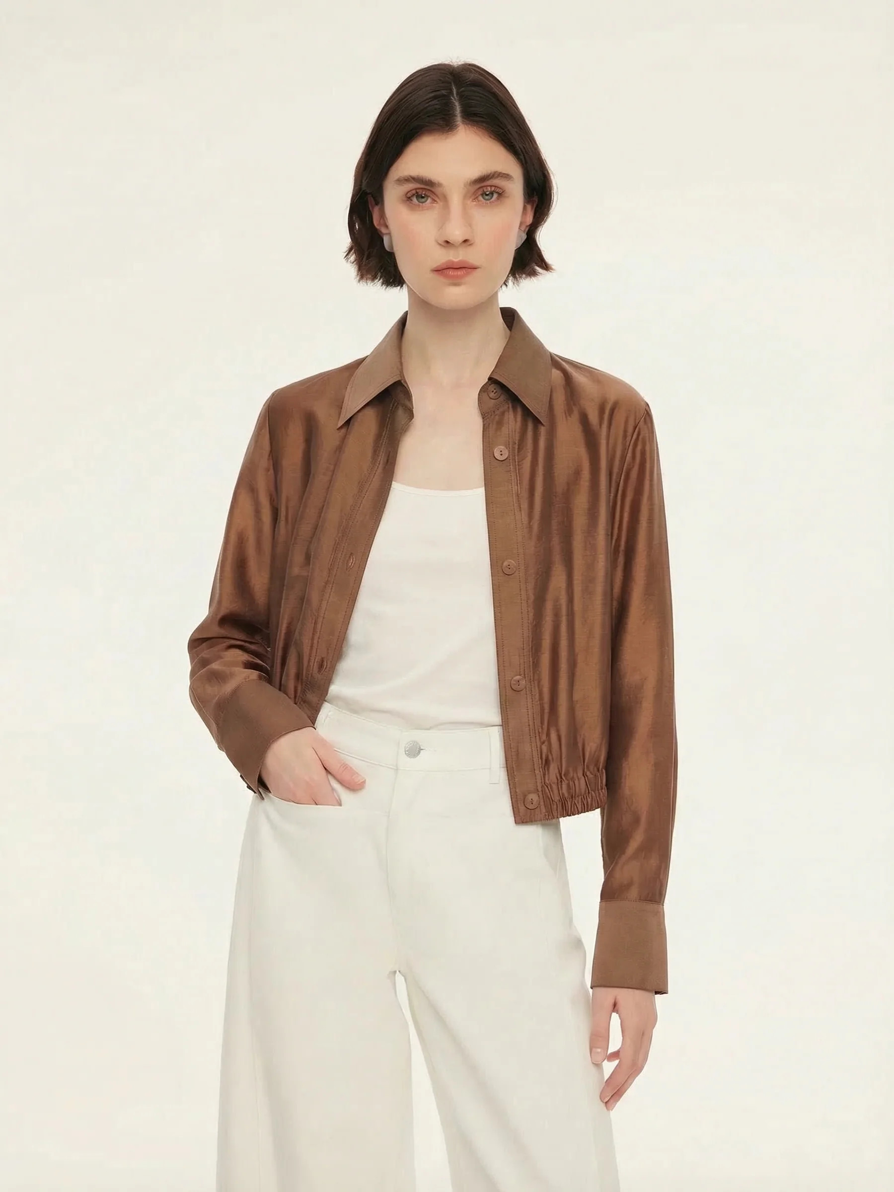 Tencel Blend Women Sheer Cropped Jacket | GOELIA