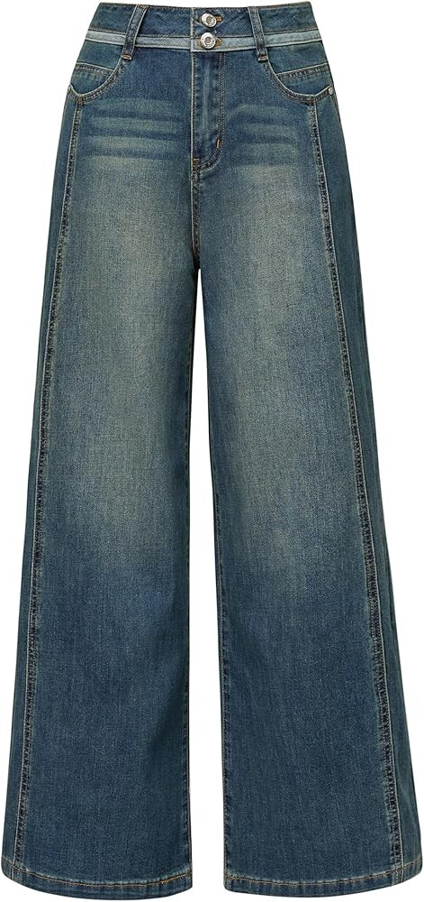 Arach&Cloz Women's Cotton Contrast Waistband Wide Leg Stretchy Denim Jeans 2026 | Amazon (US)
