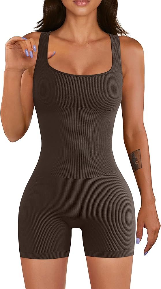 Women Yoga Rompers Workout Ribbed Square Neck Sleeveless Sport Romper | Amazon (US)