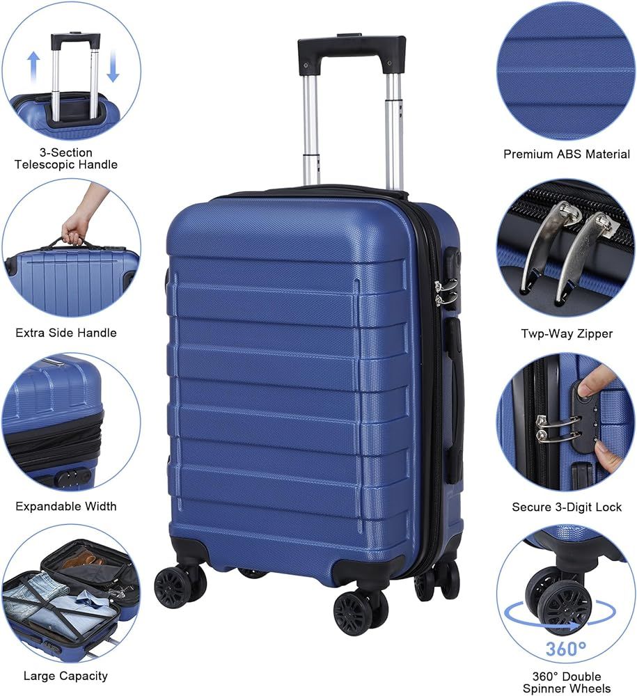 SUPER DEAL 21 Inch Expandable Suitcase Hardside Carry-On Travel Luggage with 360°Swivel Wheels and Height Adjustable Handle, Blue | Amazon (US)