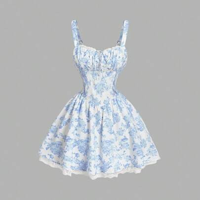 Women's Blue & White Print Lace Trim Cami Strap Mini Dress With Criss-Cross Back, Spring Date Outfit,Valentine Day | SHEIN