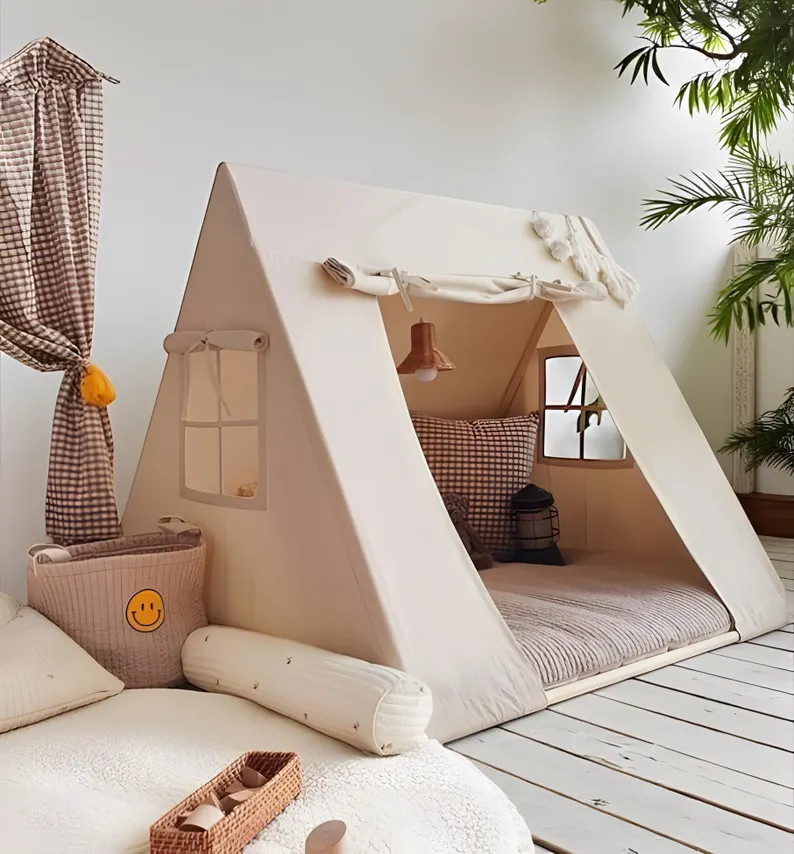 Solid Wood Kids Play Tent | Triangle Playhouse With Beige Pad - Etsy UK | Etsy (Global)