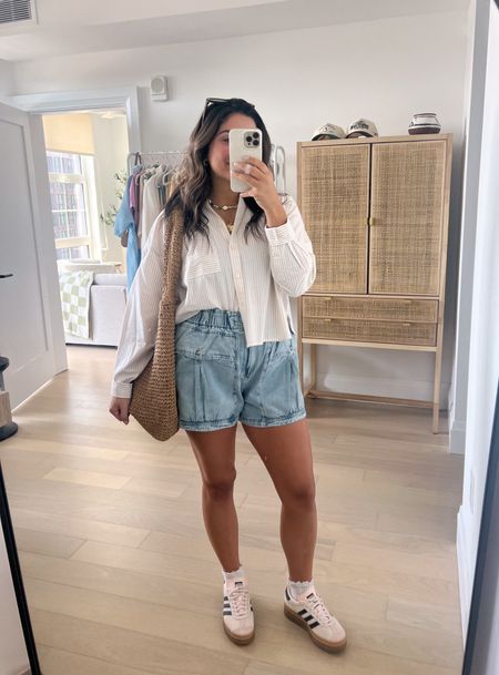 First 80 degree day in Philly so you know I’m wearing shorts!  I feel like it’s my duty to find the comfiest denim shorts & this pair from free people fits the bill. They feel like paperbag shorts bc they have a stretchy waistband but look nice! Under $100

Paired them with this cropped button down from Loft (linked a few on sale) + my Adidas gazelles.

Sizing - shorts + top (M), shoes go down 1 FULL size (wearing a 6.5, normally a 7.5)

#LTKSeasonal #LTKfindsunder100 #LTKsalealert
