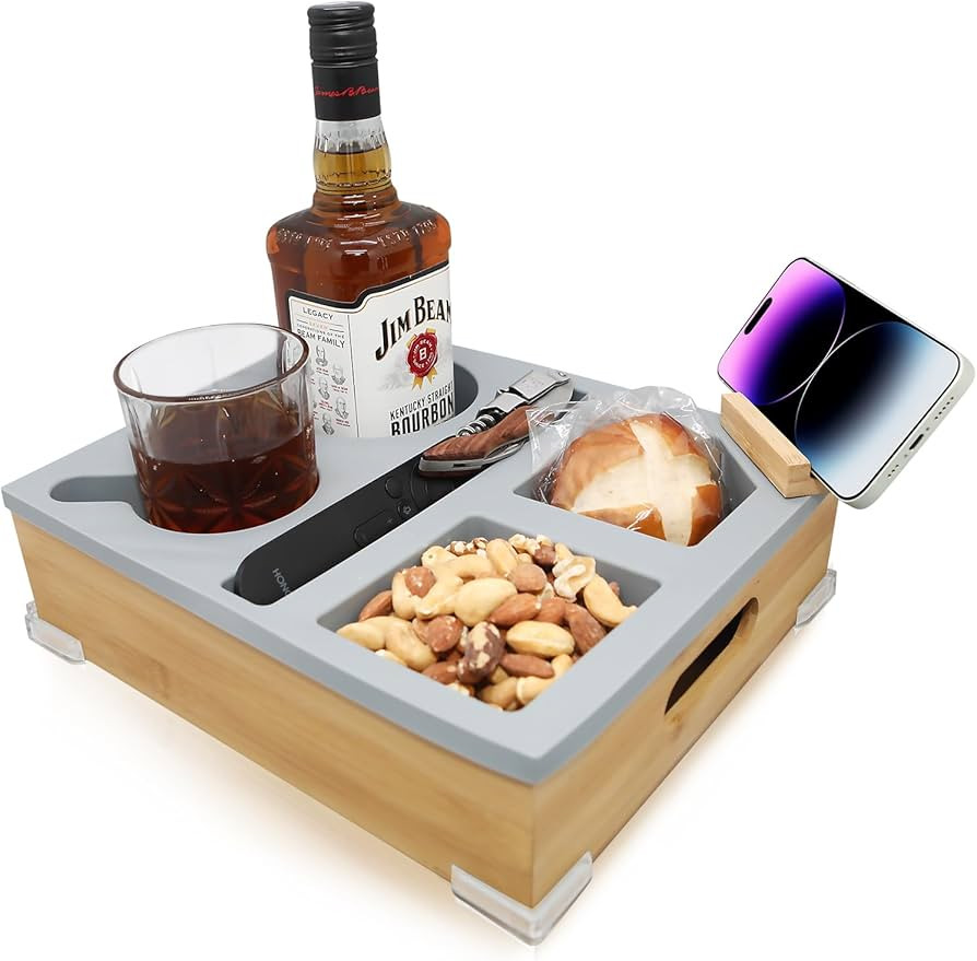 Bamboo Couch Cup Holder Tray - Couch Caddy & Organizer, Sofa Caddy, Drink & Snack Tray, Bamboo So... | Amazon (US)