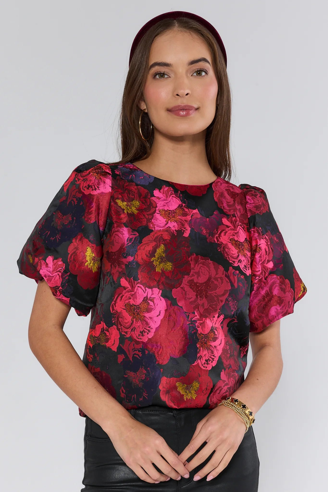 Ruby Brocade Puff Sleeve Top | Avara