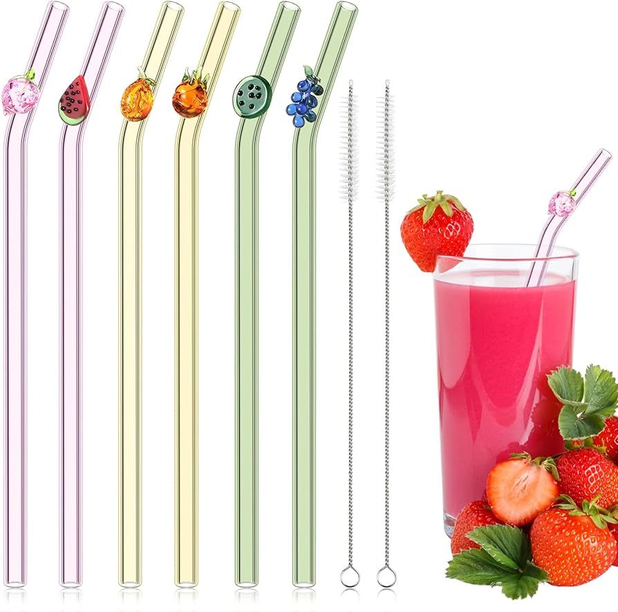 Queekay 6 Pcs Glass Straws with Design Reusable Fruit Drinking Straws 7.9in x 8mm Colorful Cute R... | Amazon (US)