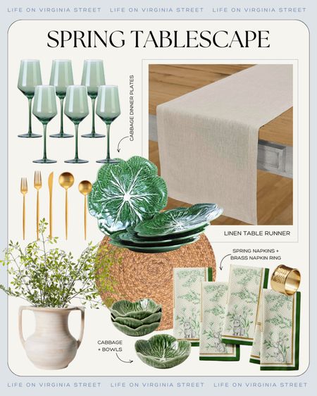 Can’t get enough of these cabbage plates and bowls! This green and spring inspired table scape is perfect for spring luncheons, bridal showers, Easter, Mother’s Day and more! Loving these green wine glasses, faux greenery in a trophy vase, spring napkins, brass napkins rings, jute chargers, linen tablecloth, and gold flatware!
.
#ltkhome #ltkseasonal #ltkfindsunder50 #ltkfindsunder100 #ltkstyletip #ltksalealert #ltkover40

#LTKSeasonal #LTKsalealert #LTKhome